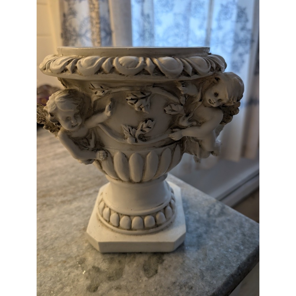 Cherub Angel Pedestal Urn Planter White Resin Neoclassical Garden Decor 9"